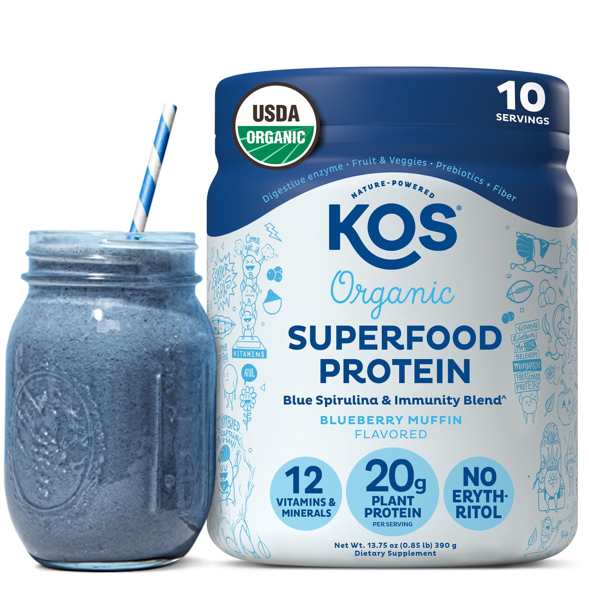 KOS Vegan Protein Powder Erythritol Free, Vanilla USDA Organic - Pea Protein Blend, Plant Based Superfood Rich in Vitamins & Minerals - Keto, Dairy Free - Meal Replacement for Women & Men, 28 Servings